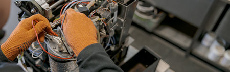 Professional worker fixing coffee machine in workshop