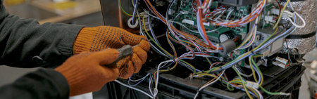 Repairman with screwdriver fixing coffee machine at table indoorsの写真素材