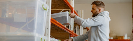 Entrepreneur stacks boxes of roasted coffee beans on a shelf in a warehouse