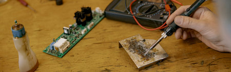 Close up of repairman hands is soldering circuit board of electronic device on the table