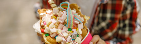 Sweet waffle with marshmallows in hands of little cute boy on summer day. Outdoor.