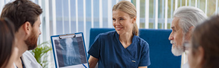 Group of doctors talking sitting at a table in the office of the hospitalの写真素材