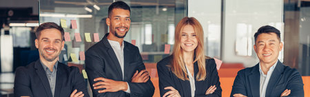 Group of multiracial businesspeople in suit standing a row in modern office