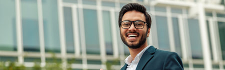 Smiling indian businessman in suit and glasses with laptop near office building showing thumb up