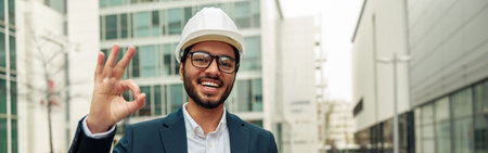 Indian construction architect in suit and hardhat with paper folder in hands against modern buildingの写真素材
