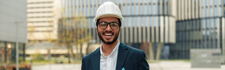 Indian construction architect in suit and hardhat with paper folder in hands against modern buildingの写真素材