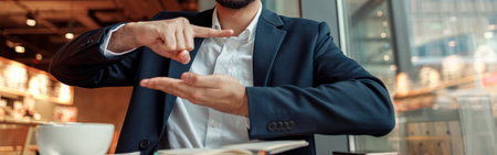 Businessman have a business meeting via video call and communicates using sign language in cafeの写真素材