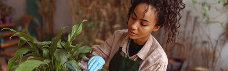 Woman gardener taking care about plant in flowerpot during working day in floral studio