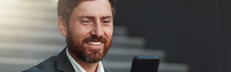 Close up of smiling office worker in suit sitting on stairs with coffee during break and using phoneの写真素材