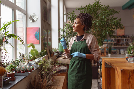 Attractive smiling florist stands near windows on background of her own floral decor studioの写真素材