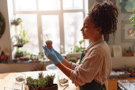 Professional woman florist takes care of seedlings in floral studio. Gardening conceptの写真素材