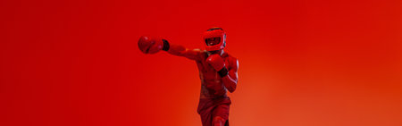 Sporty man wearing head guard and boxing gloves practicing for fight on studio background