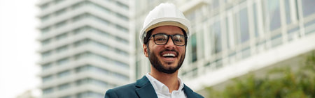 Indian construction architect in suit and hardhat making notes against modern buildingの写真素材
