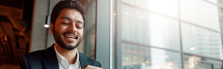 Smiling Indian businessman wearing suit is using phone during lunch time in cafe. Blurred backgroundの写真素材