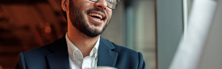 Close up of smiling unrecognisable businessman drinking coffee and working laptop in cafeの写真素材