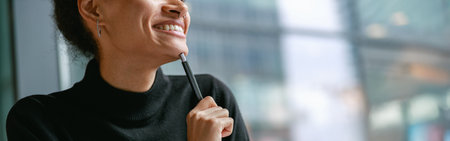 Close up of woman drinking coffee during break working in cafe. Distance work conceptの写真素材