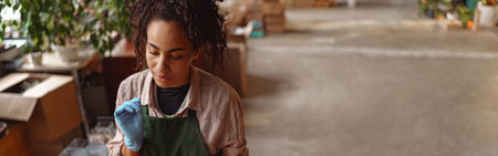 Woman florist wearing apron is taking notes during working day in floral studioの写真素材
