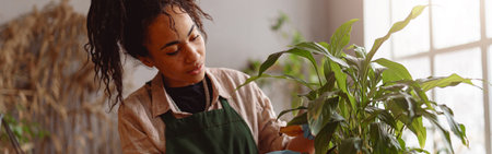 Woman gardener taking care about plant in flowerpot during working day in floral studioの写真素材