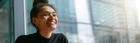 Smiling woman student write a synopsis while sitting in cozy cafe. Distance education conceptの写真素材