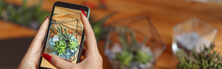 Close up of florist taking picture with her plants for publishing in social media