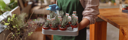Close up of woman florist with seedlings in floral studio. Gardening concept. Blurred backgroundの写真素材