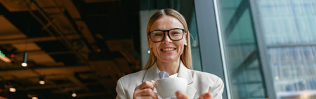 Successful businesswoman in glasses having coffee break time during working day in cafeの写真素材
