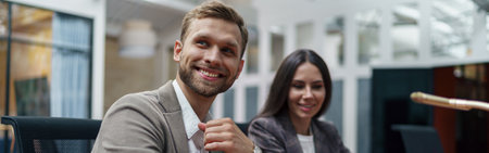 Two businesspartners working together in modern coworking . Teamwork concept