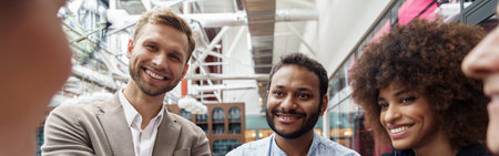 Happy group of multi ethnic coworkers stacked hands together as concept of corporate unityの写真素材