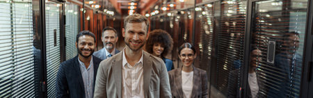 Group of happy, motivated business people standing together at office with their leader