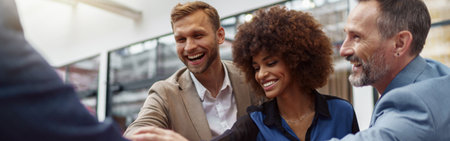 Group of multiethnic business people putting their hands together while standing in modern coworkingの写真素材