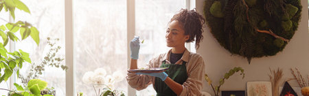 Professional woman florist examines seedlings in floral studio. Gardening conceptの写真素材
