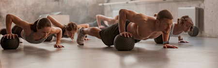 Caucasian young people exercising in fitness center