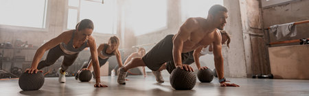 Team of young people training in gym clubの写真素材