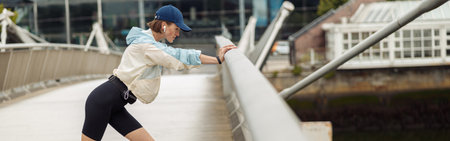 Sportive woman doing stretching exercise on footbridge at morning in the city