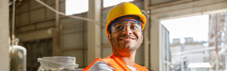 Worker with safety equipment working at construction plantの写真素材