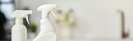 Clean up. Close up shot of detergent bottles and stack of rugs on kitchen surfaceの写真素材
