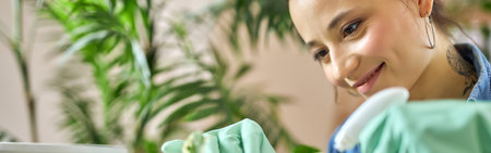 Portrait of smiling young woman spraying plants using a spray bottle while watering houseplants at homeの写真素材