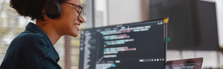 Freelancer female making new project as web designer and programmer on her computer at home officeの写真素材