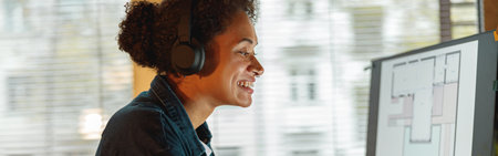 Smiling Afro american woman interior designer in headphones works in home officeの写真素材