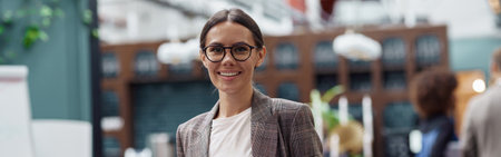 Portrait of smiling businesswoman standing in modern office on colleagues backgroundの写真素材