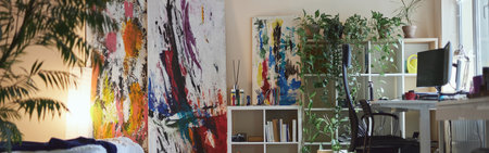 Stylish modern living room interior with abstract art paintings, bookcase, home plants, desk and bed