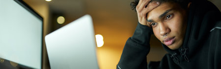 Tired young guy studying or working on laptop, sitting in dark room at home late at nightの写真素材