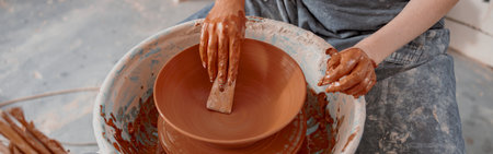 Handmade artist shaping clay bowl with instrument in art studioの写真素材