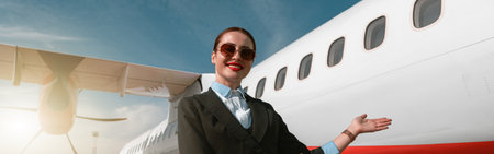 Woman stewardess standing near airplane and inviting on boardの写真素材