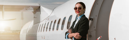 Woman flight attendant in sunglasses standing on airplane stairs at airport and looking cameraの写真素材