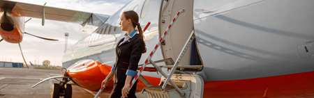 Woman flight attendant standing on airplane stairs at airportの写真素材