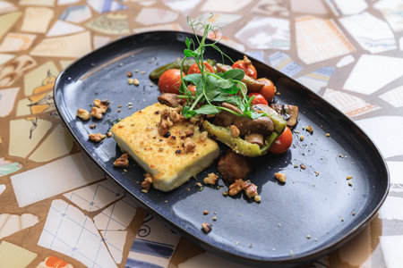 Tasty fried cheese with stewed vegetables decorating with greens on stylish plate ready for eatingの写真素材