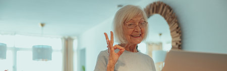 Aged lady is having online meeting indoorsの写真素材