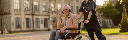 Young female care taker in protective mask spending time with senior man in wheelchair wearing headphones and listening to music outdoors in the park near clinicの写真素材