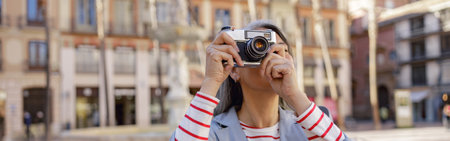 Good looking female walking on city streetの写真素材